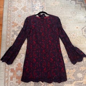Wayf navy lace mini  dress with red lining bell sleeves, tie back sz XS